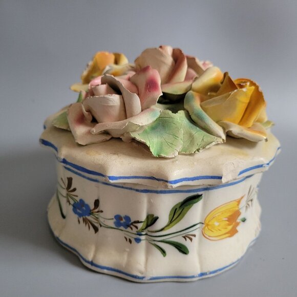 Handpainted Ceramic Capodiamante Floral Trinket Box With Raised Rose Design Made - Picture 4 of 9